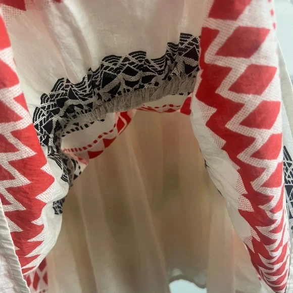 EN CRÈME Smocked Boho Pom Pom Mini Dress Red Cream Black Size XS TINY FLAW - Picture 8 of 11